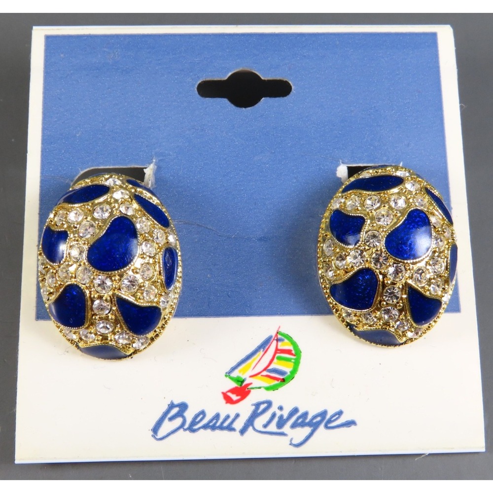 New EGG DOMED Gold Tone Clip-On Earrings COBALT BLUE ENAMEL Clear Rhinestones